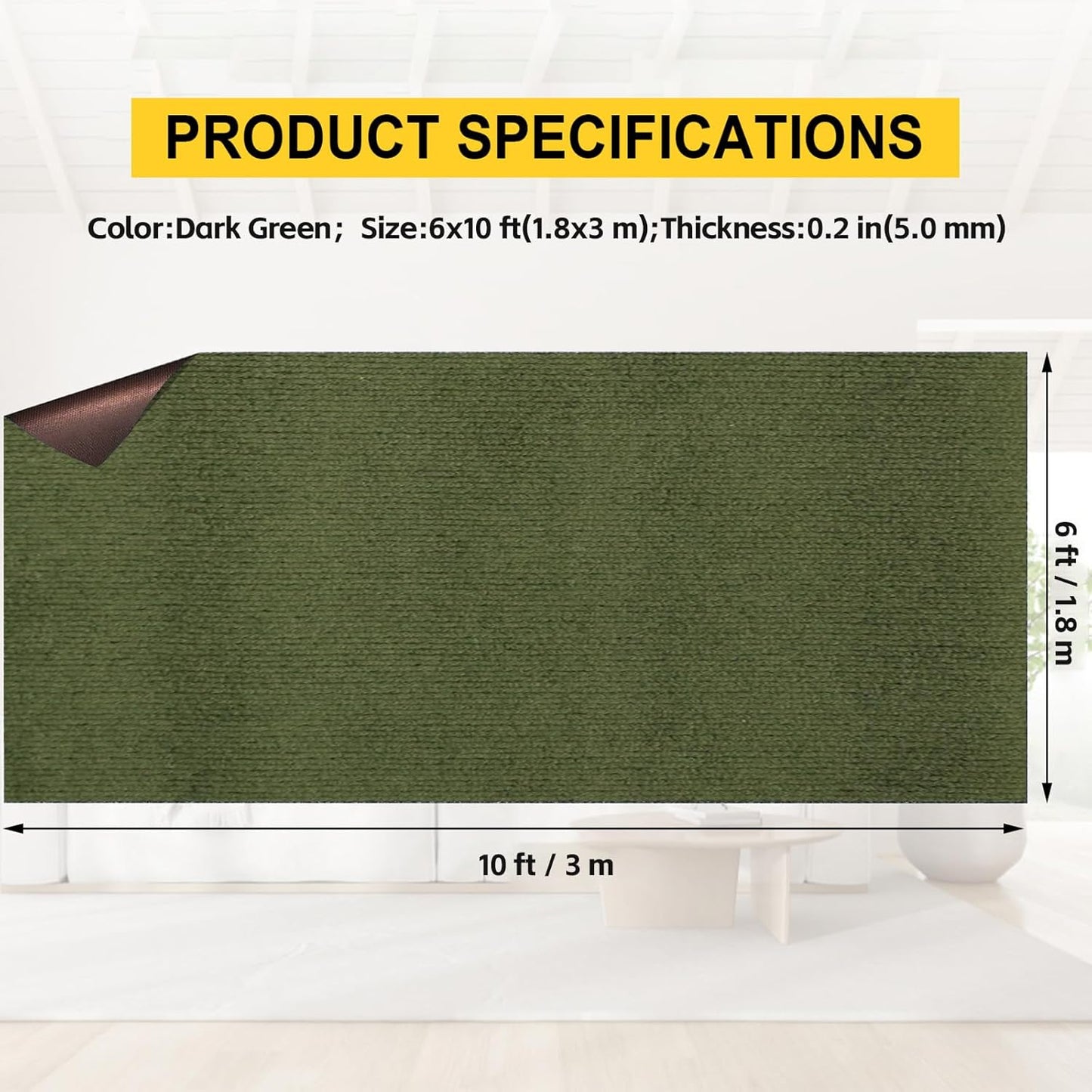 Marine Carpet,6 FT x 10 FT Olive Green Indoor Outdoor Carpet 0.2" Thick with Water-Proof TPE Backing, Non-Slide for Home, Patio, Porch, Deck