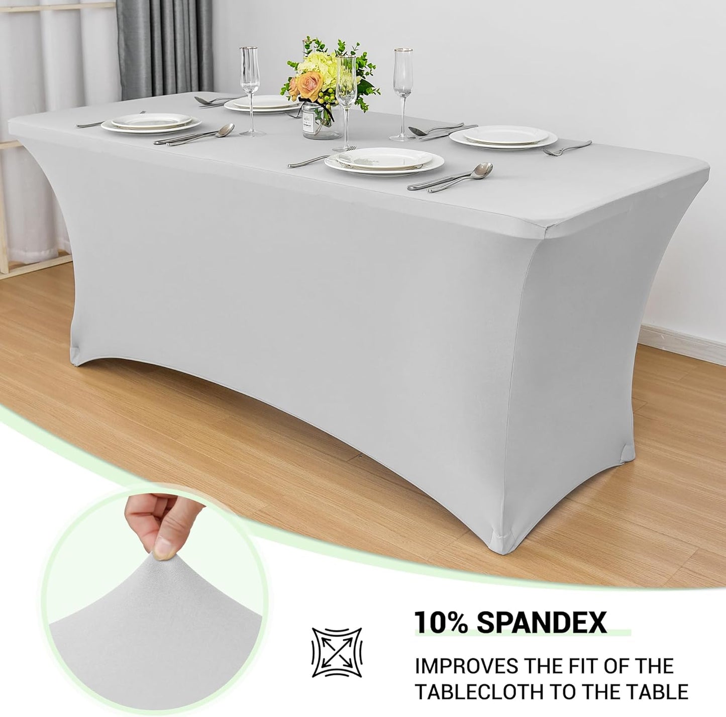 Obstal Stretch Spandex Table Cover for Standard Folding Tables - Universal Rectangular Fitted Tablecloth Protector for Wedding, Banquet and Party (Silver, 4 Ft)