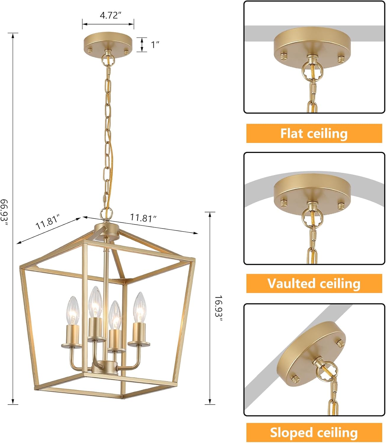 Industrial 4 Lights Chandelier, Gold Lantern Ceiling Light Fixtures with Rustic Metal Cage Adjustable Height Farmhouse Geometric Hanging Light for Kitchen Island, Dining Room, Entryway, UL Listed