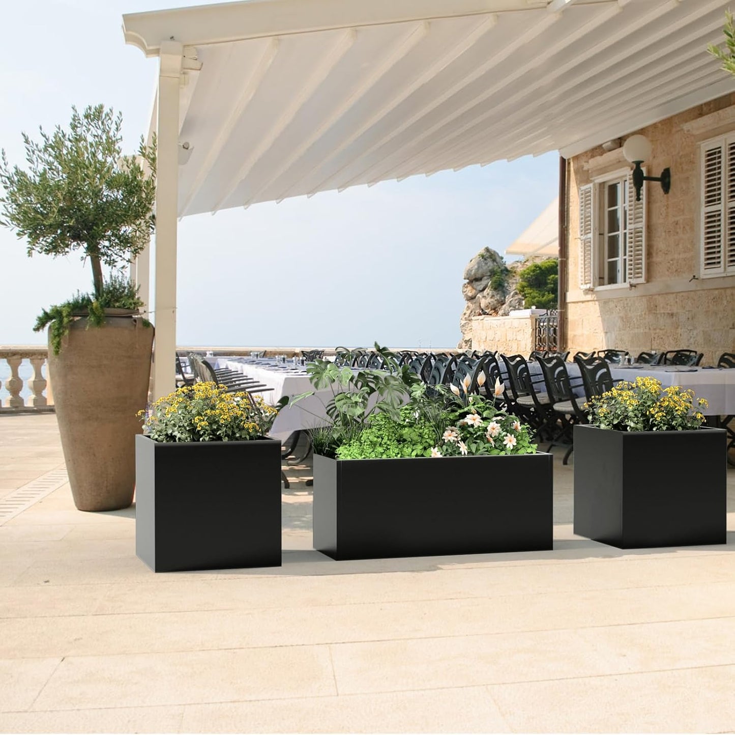 Tall Metal Cube Planter for Outdoor Plants 20" L x 20" W x 20" H, Heavy Duty Steel Rectangular Planter Box with Removable Insert Shelf, Modern Décor for Outside, Indoor, Garden (Black)