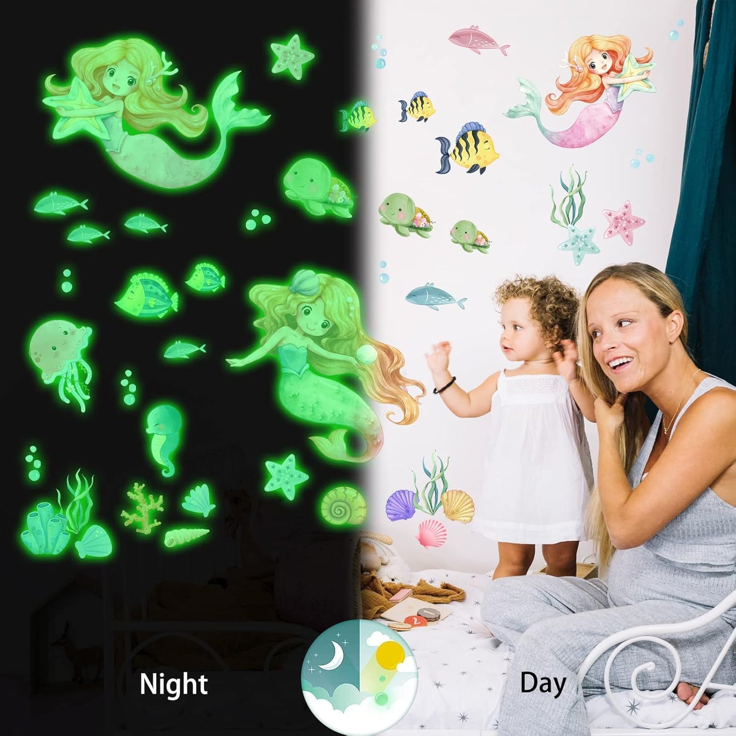 Glow in The Dark Stars Mermaid Wall Decals, Turtle Ocean Fish Stickers for Ceiling, DIY Wall Decor for Nursery Playroom Living Room, Birthday Christmas Gift