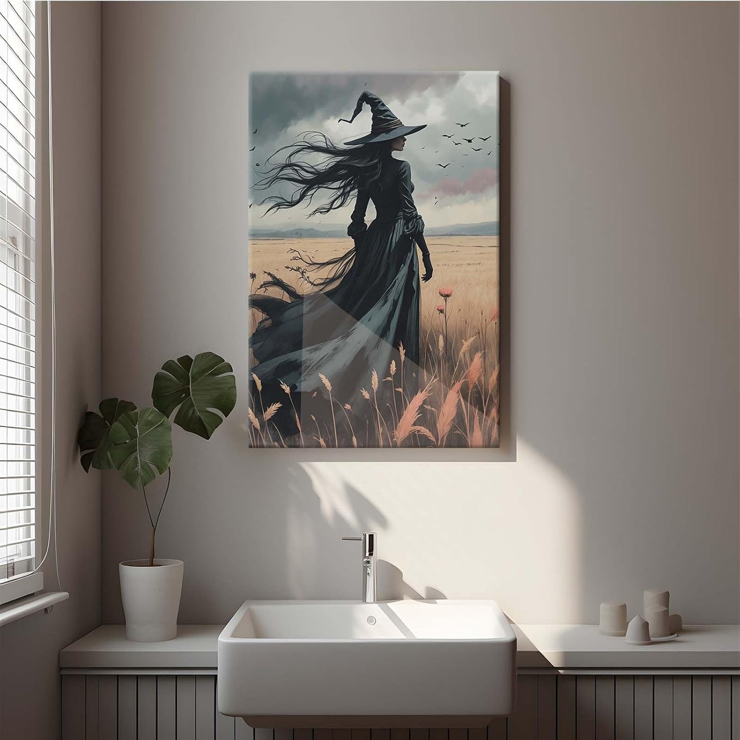 JFHCQJPK Gothic Decor Canvas Wall Art Witch in Rice Field Halloween Art Decor Print Nature Print Victorian Home Bedroom12x16in Frameless