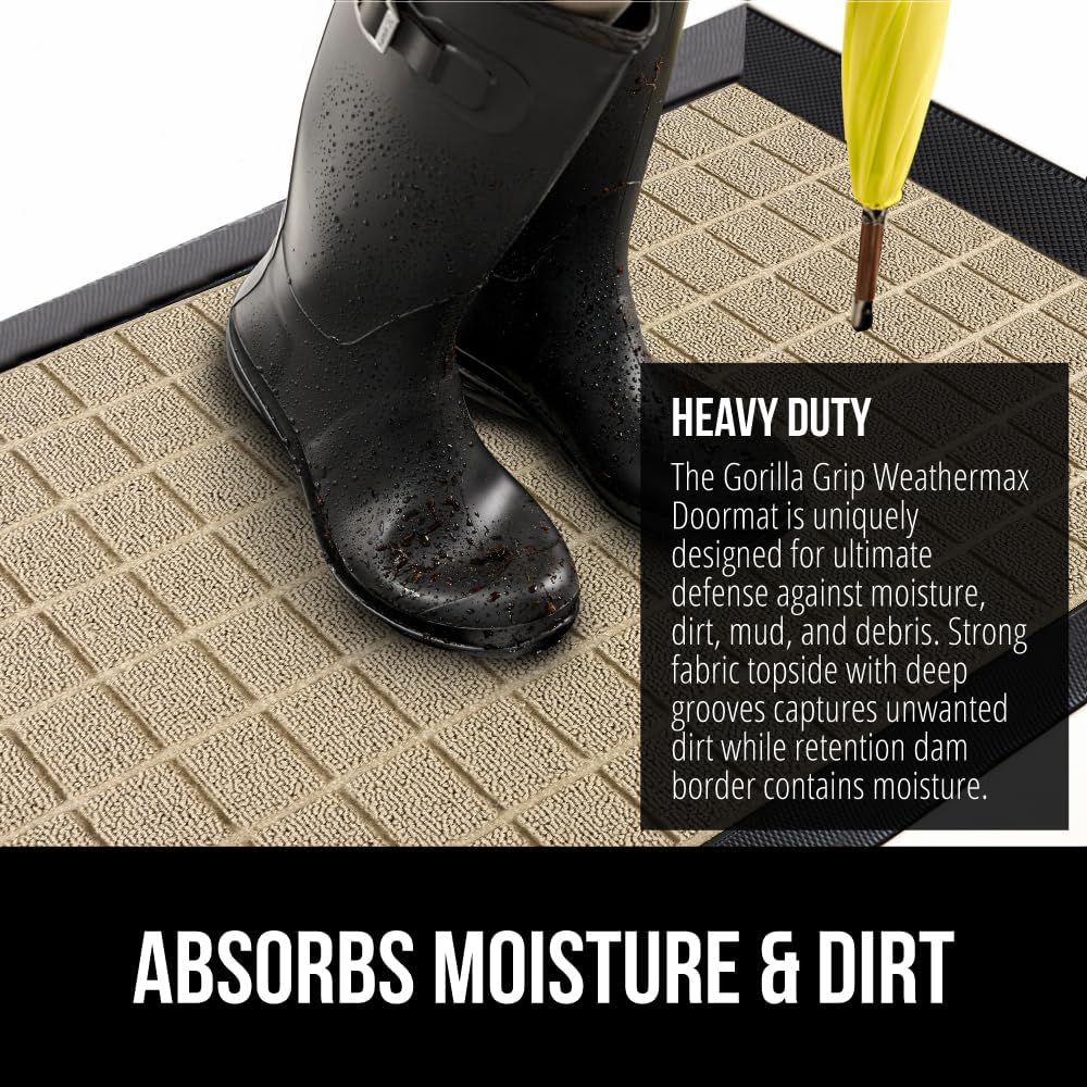 GORILLA GRIP 100% Waterproof All-Season WeatherMax Doormat US Designed Natural Rubber, Stain and Fade Resistant, Low Profile Indoor Outdoor Door Mats, Easy Clean Patio Mat, 17x29, Taupe Grid