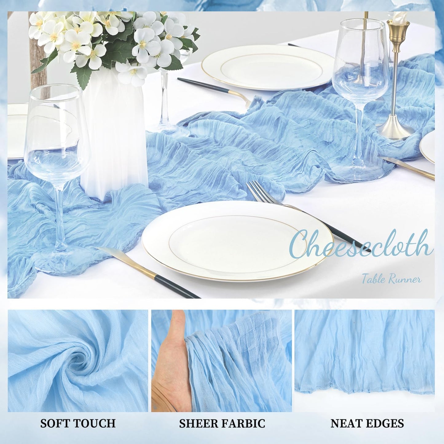 12 Pack Baby Blue Cheesecloth Table Runner 20 x 120 Inch Long Rustic Gauze Cheese Cloth Table Runner for Wedding 10FT Bridal Baby Shower Table Decorations Boho Fabric Sheer Birthday Party Table Decor