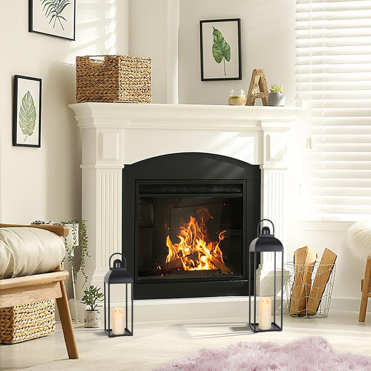 25'' 19'' Lanterns Decorative Outdoor Indoor, Black Metal Outdoor Candle Lanterns, Set of 2 Modern Farmhouse Decorative Lantern for Fireplace, Patio, Porch, Floor, Halloween Lantern (No Glass)