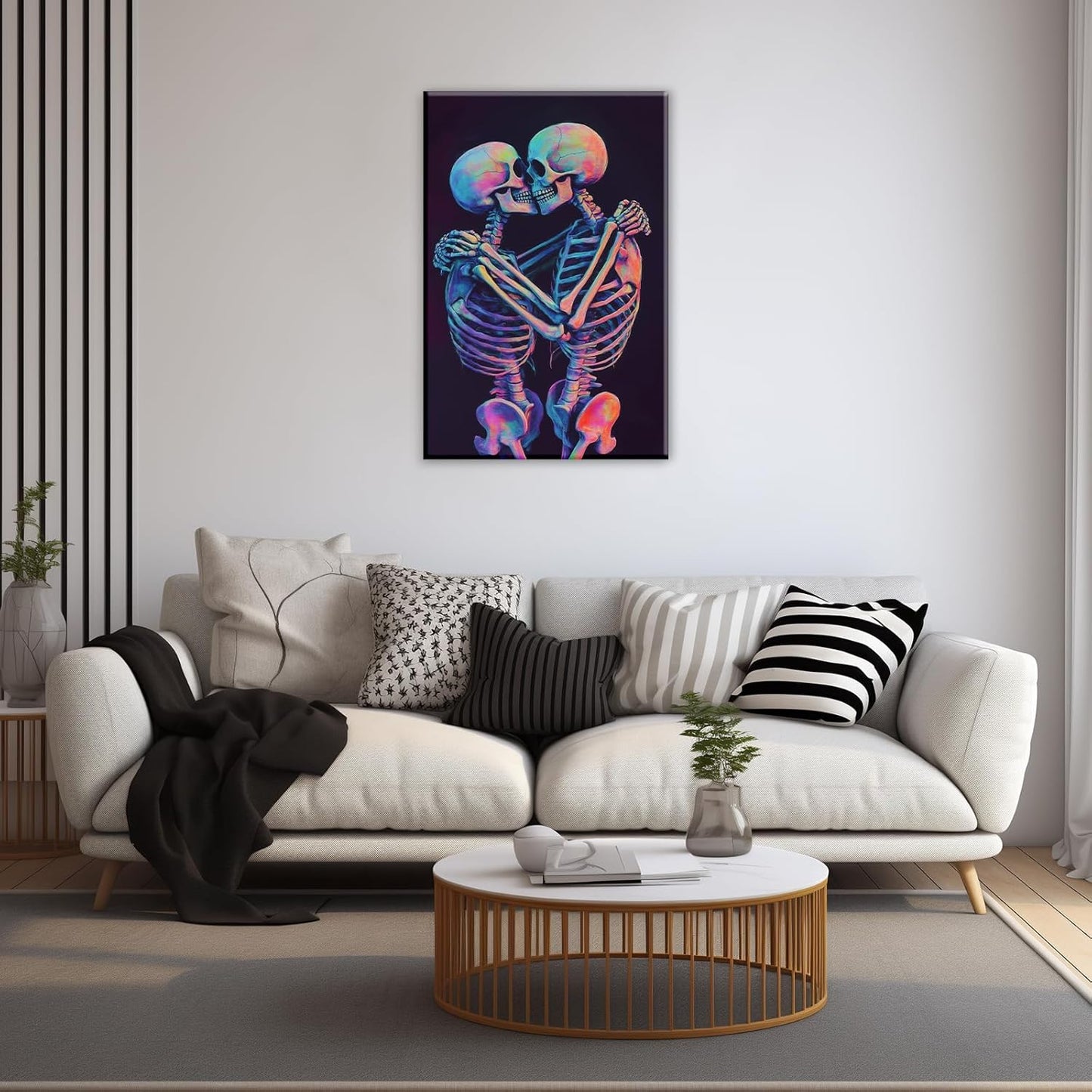 Skeleton Wall Art Kissing Skull Art Poster Skeleton Lover Picture Print On Canvas Abstract Horrible Theme Painting Framed Artwork Living Room Decor(Artwork-3,20"x30")