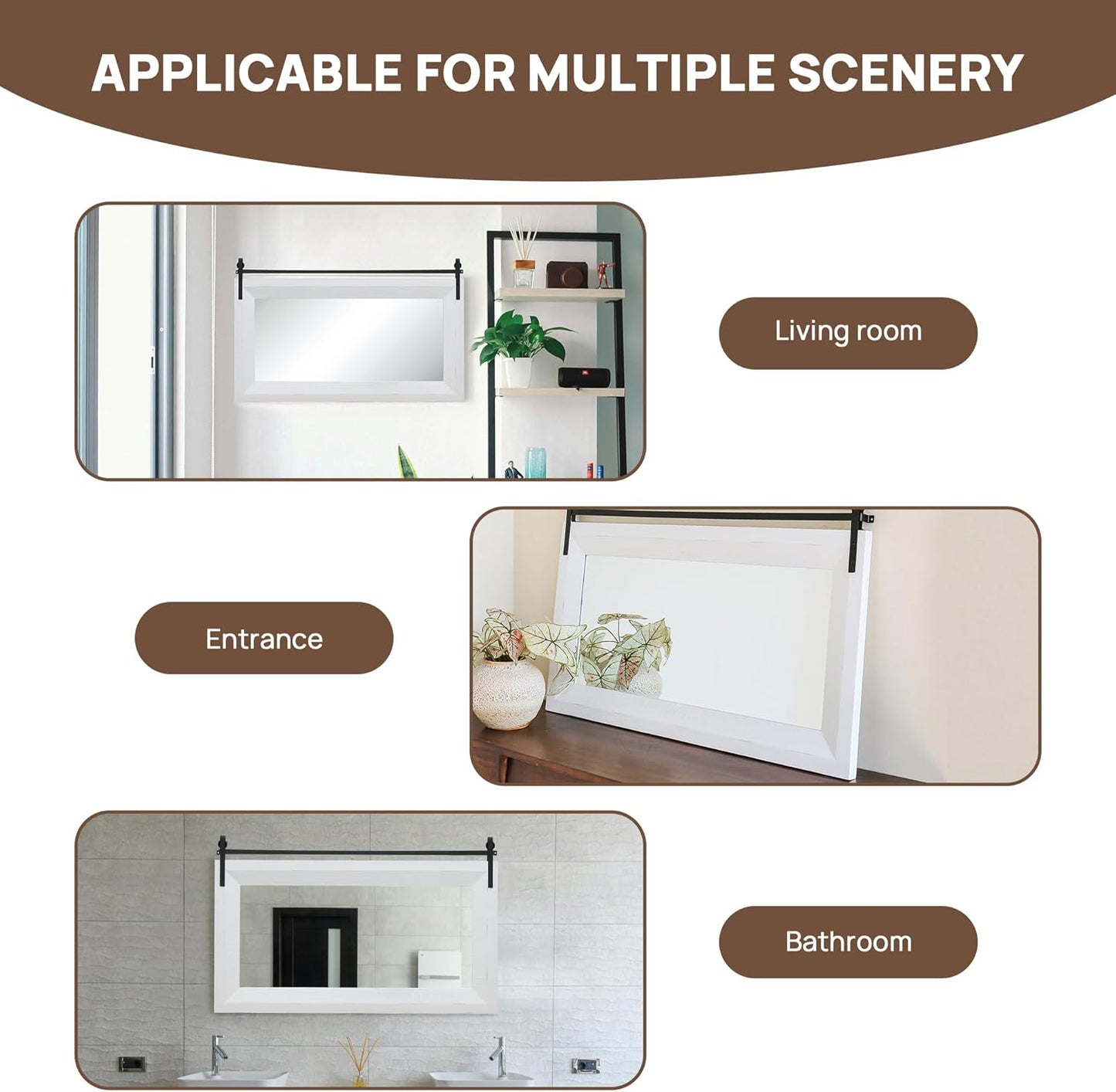 ALBAD Farmhouse Mirror for Wall Decor Wood Framed Bathroom Vanity Mirrors Vertical/Horizontal Hanging Barn Door Style Mirror for Living Room Bathroom Bedroom Entryway White