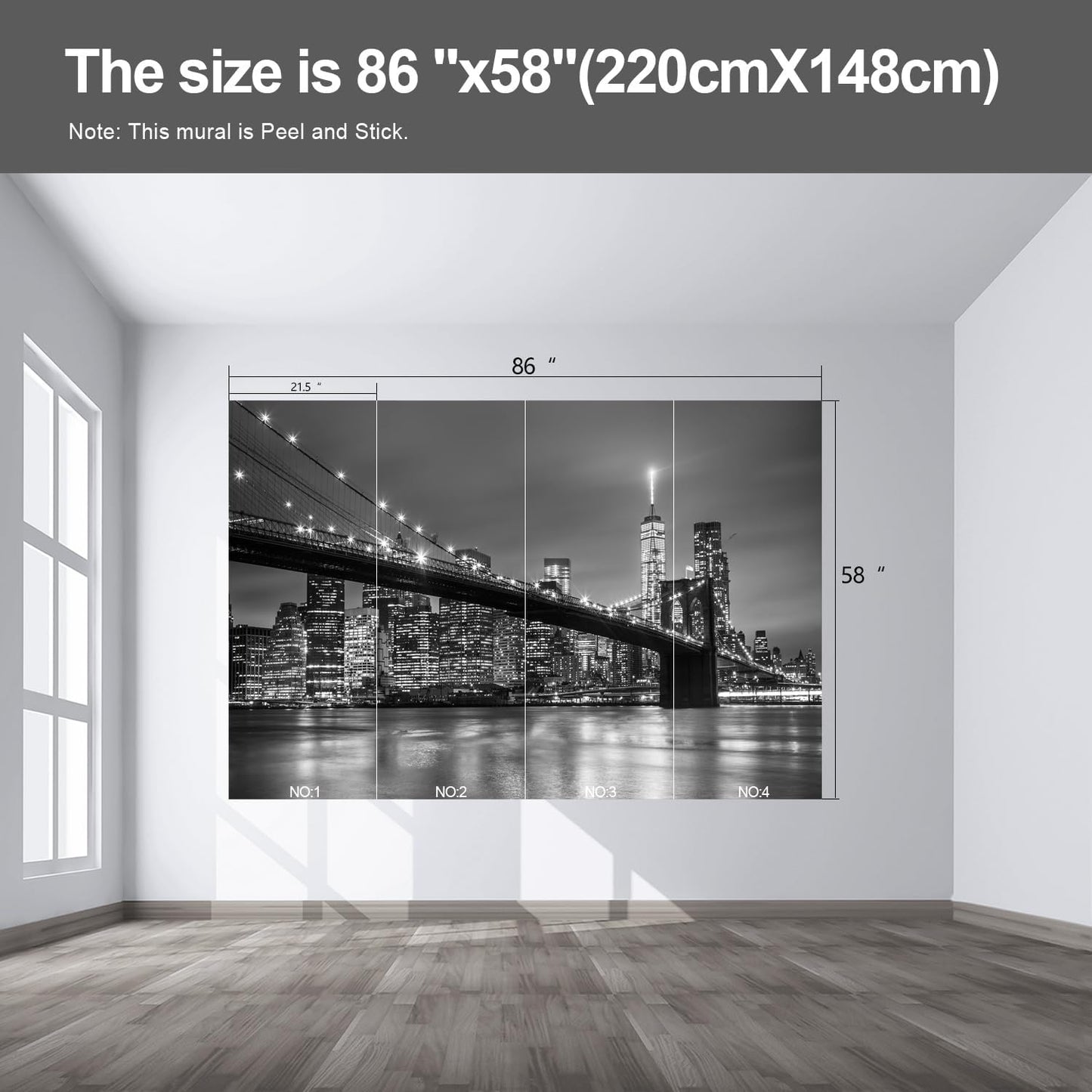 Gray Brooklyn Bridge at Night NYC Wall murals New York Peel and Stick Wallpaper for Bedroom Living Room - 58"x86"