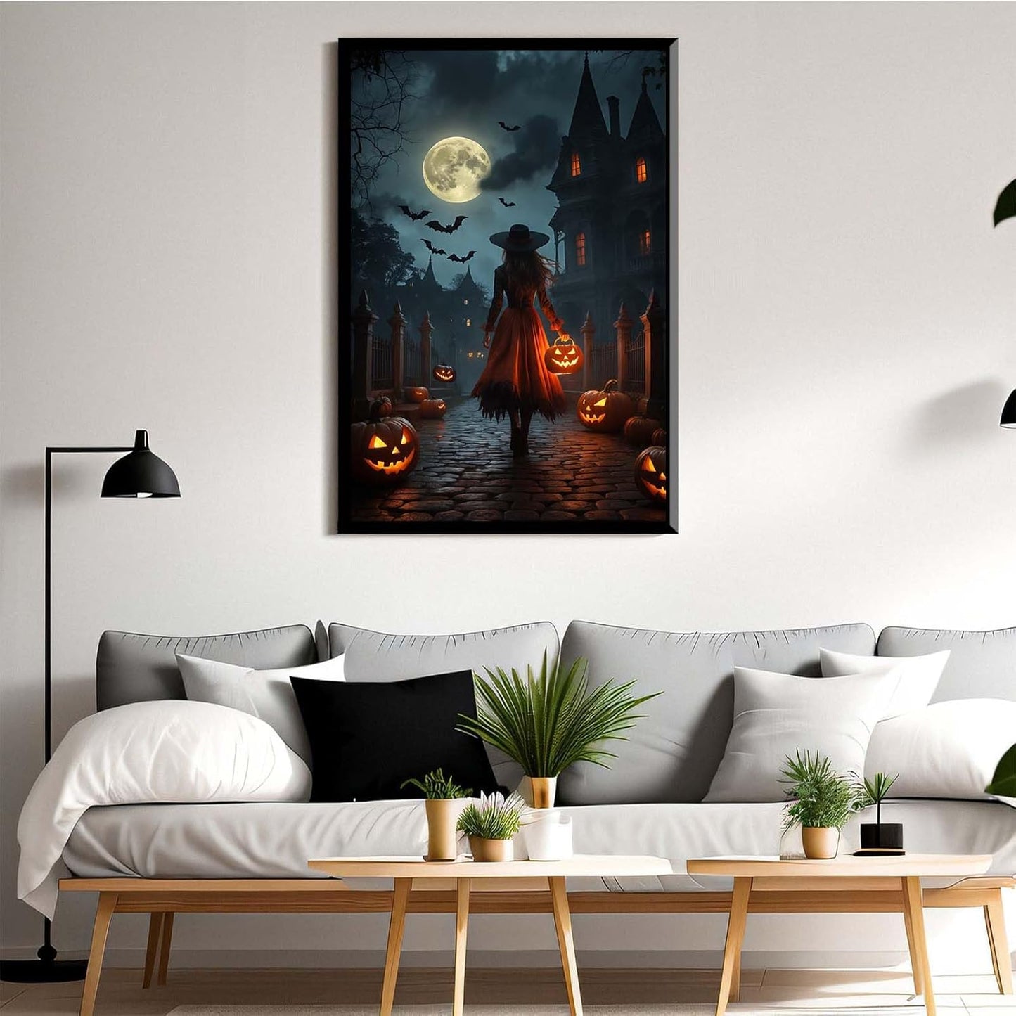 JFHCQJPK Halloween theme poster moonlit autumn night witch vintage poster art print dark college style gothic painting canvas wall decoration bedroom living room ideal gift12x16in Metal blackFramed