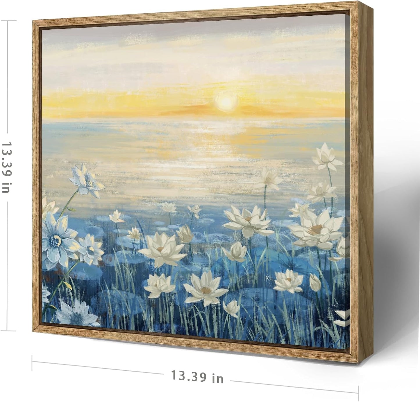 Bathroom Decor Wall Art-Framed Canvas Wall Art Modern Beach Coastal Floral Sunset Boho Ocean Artwork Blue Yellow Lotus Flower Zen Wall Picture for Bedroom Kitchen Office Small