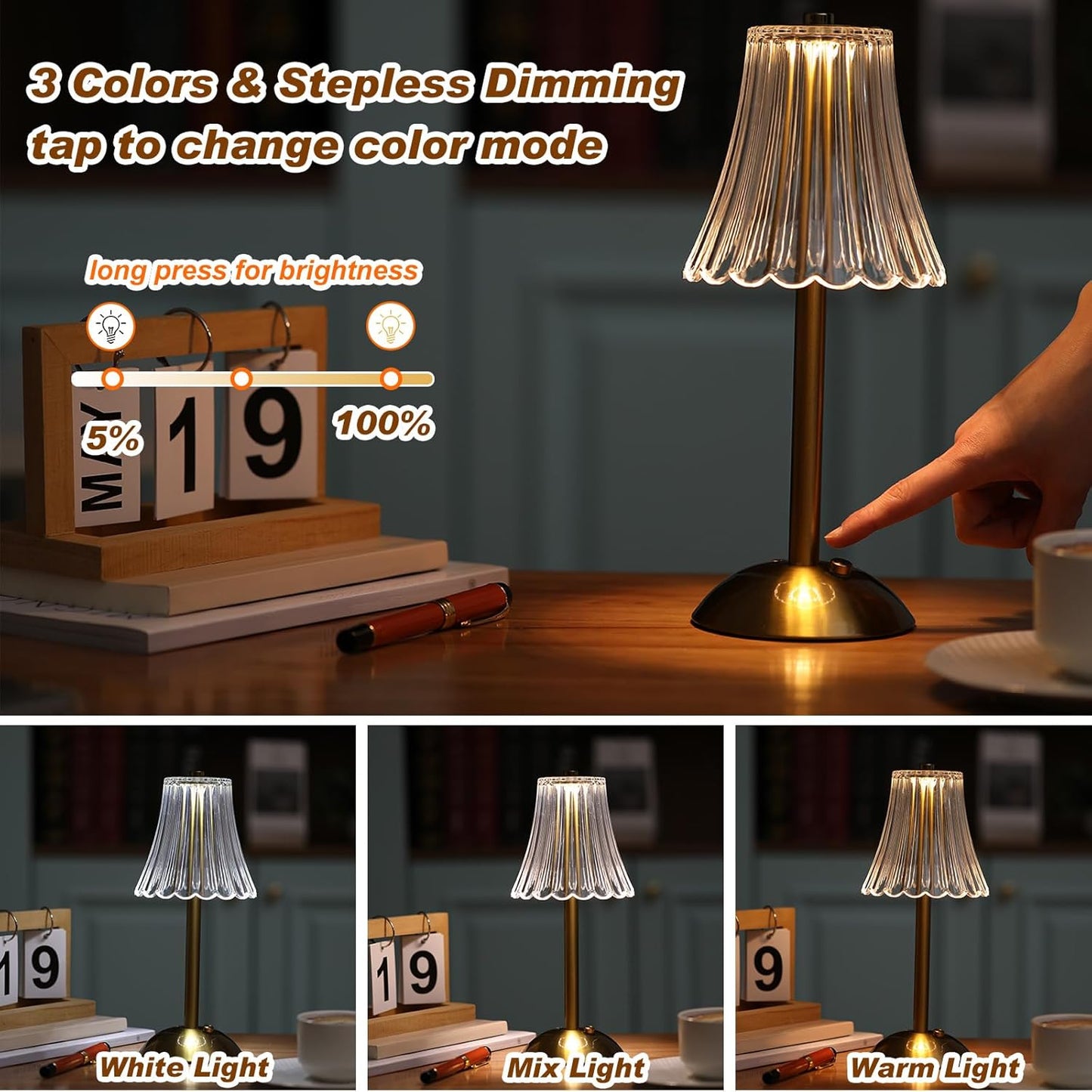 Liliful 6 Pcs LED Portable Cordless Table Lamp Touch Battery Operated Rechargeable Desk Lamp 3 Color Dimmable for Bedroom Living Room Dining (Rose Style,Gold)