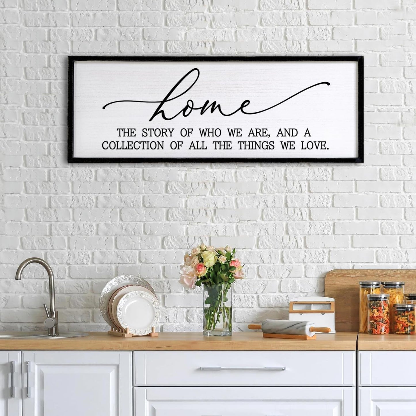 Home is the Story of Who We Are & a Collection of all the Things we Love Sign Framed Wall Art, 40''×15'' Rustic Horizontal Family Quote Wood Sign, Farmhouse Long Home Plaque Wall Decor