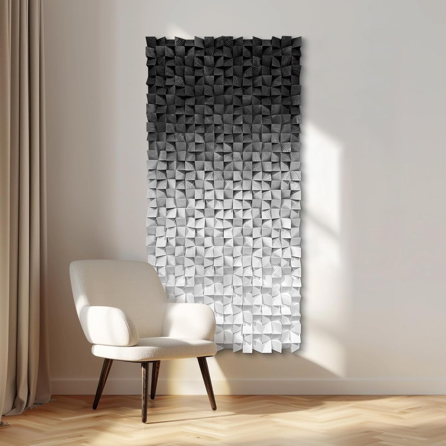 LIUZEYUE - Block Stereoscopic Painting Geometric Modeling Wall Decoration 3D Wooden Artwork Living Room Bedroom Background Wall Office Decoration Black and White Gradient 27.5 x 55.1 inches