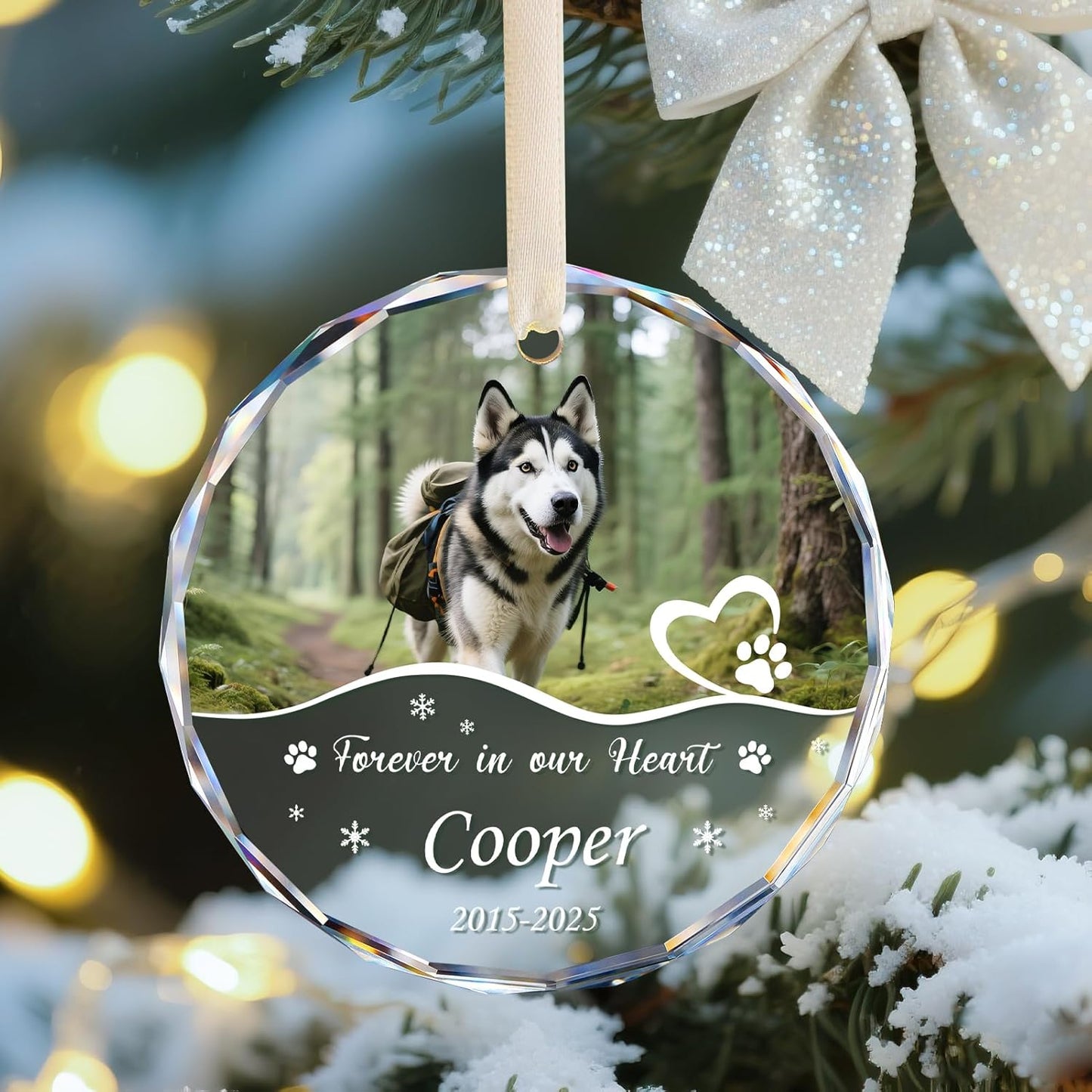 Personalized Pet Memorial Ornament - Custom Photo, Name & Dates - Forever in Our Hearts Glass Crystal Keepsake Ornaments - Dog Memorial Gifts for Loss of Dog, Cat
