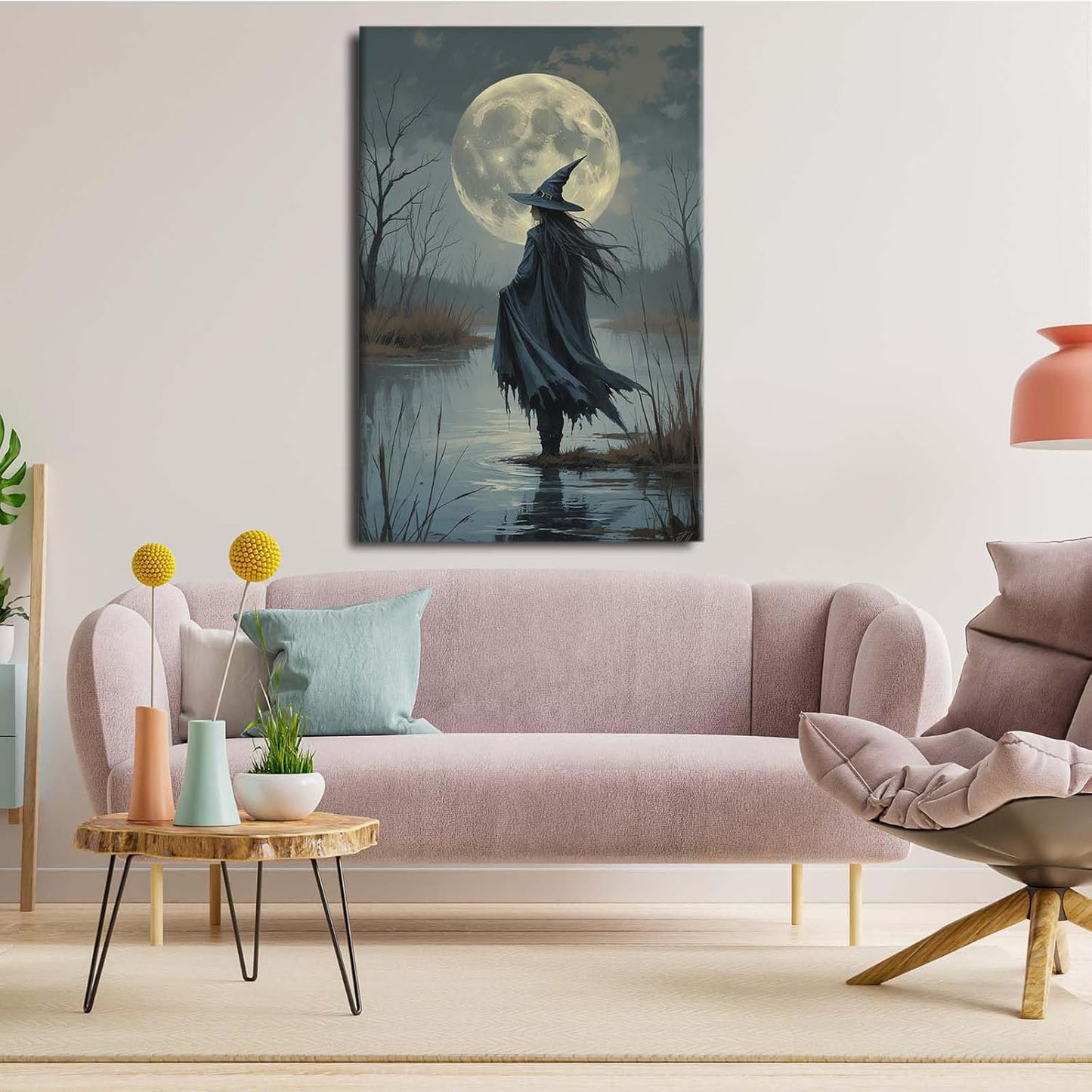 Witch in the moonlight magic canvas wall art enchanting Halloween home decor swamp witch silhouette oil painting mysterious gothic aesthetic wall decor print poster24x36in Wood Framed