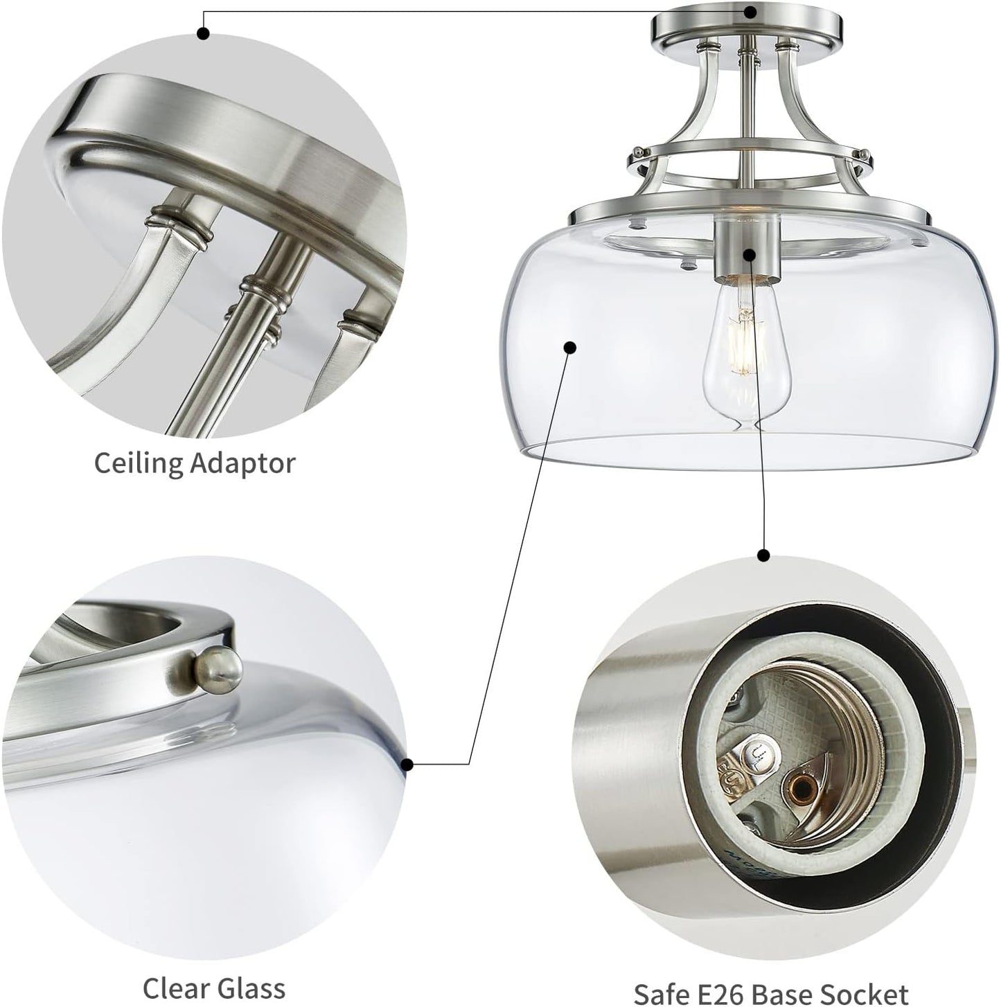 WUZUPS Chandelier Rustic Farmhouse Industrial Round Semi-flushmount Ceiling LED Light Fixture with Clear Glass Shades for Bathroom Kitchen Foyer Entryway, H 11.8" x W 13.4", E26 Base, Brushed Nickel