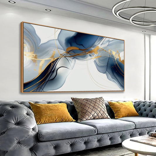 HUADAOART Abstract Painting Modern Art Wall Mural Gold And Blue Background Wall Decor for Living Room Bedroom Print on Artwork Home Decor Framed 30x60inch