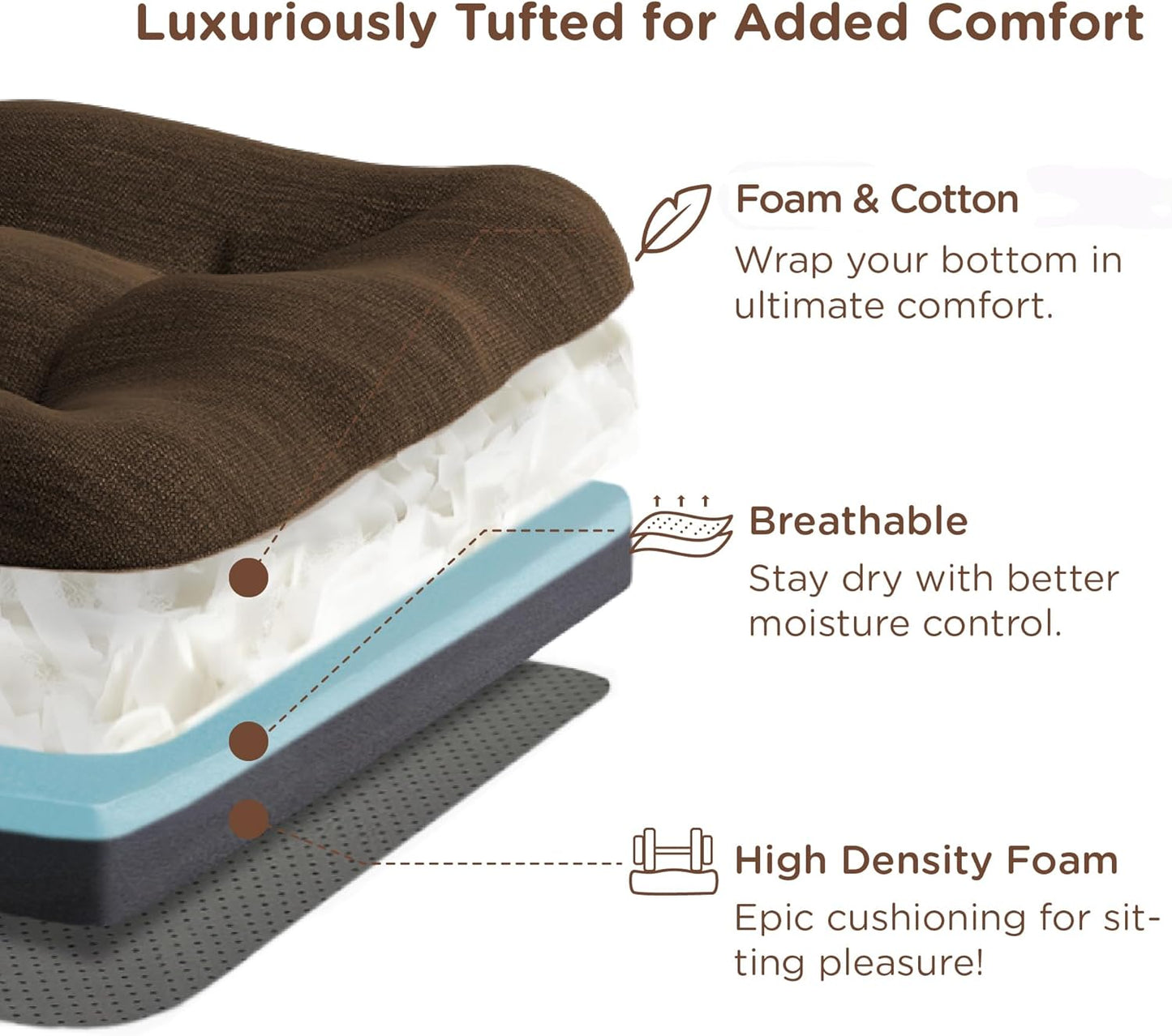 Codi Dining Chair Cushions 4 Pack, Thick Chairs Pads for Indoor Kitchen Room - Washable, Non-Slip Seat Cushion with Ties, 16.5"x16.5"x 3.5", Set of 4, Brown