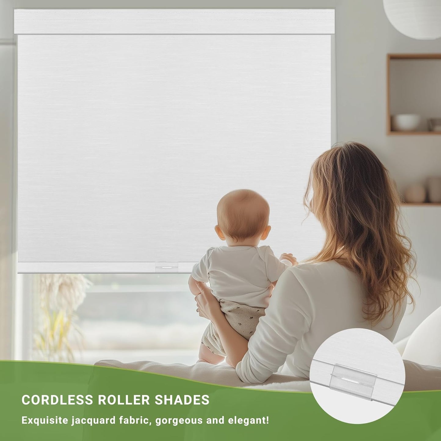 Blackout Roller Shades for Indoor Windows, Cordless Jacquard Fabric-Matched Roller Blinds, Easy to Install Privacy UV Protection Roll Up Blinds for Home Office, Pure White, 33" W x 72" H