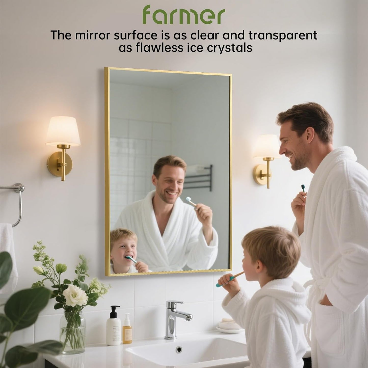 FARMER 24x32 Inch Gold Bathroom Mirror, Rectangle Wall Mounted Mirror, Vanity Mirror, Brushed Square Mirror, Framed Bathroom Mirror for Bedrooms, Entryways, Living Rooms, Horizontal/Vertical
