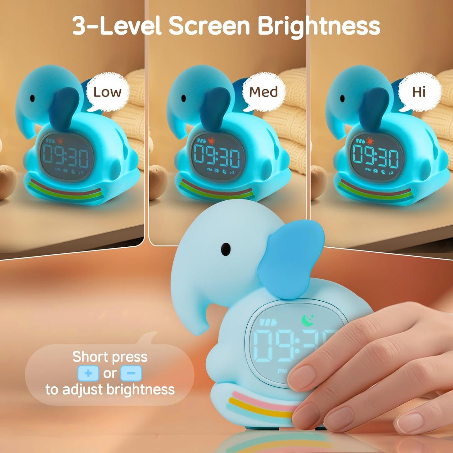 Alarm Clock for Kids with Night Light, Sleep Training Clock Time to Wake Clock, Rechargeable Silicone Light for Bedroom, Perfect Sleep Companion for Boys Girls，Blue Elephant