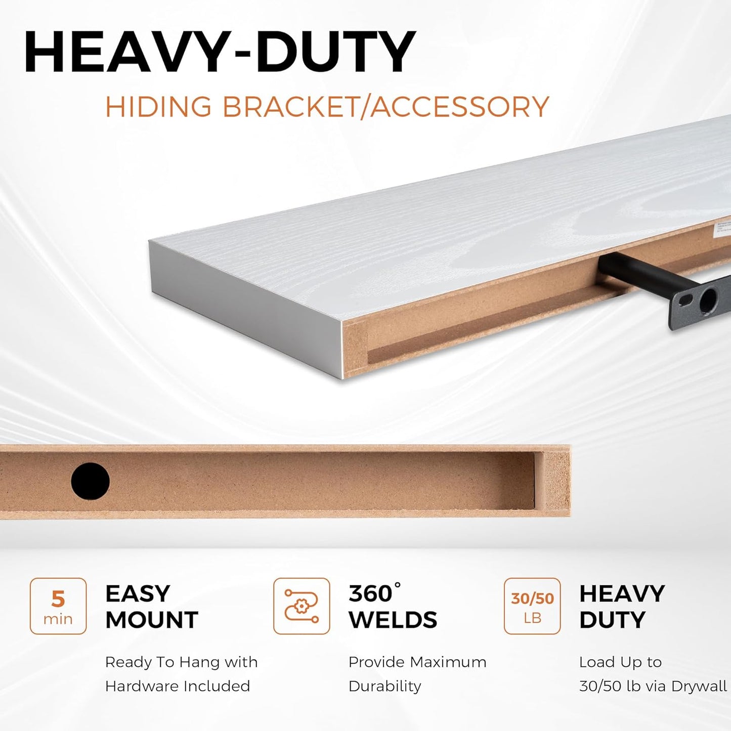 Fun Memories Floating Shelves for Wall, 22.5" Rustic Wood Deep Wall Mounted Shelves with Invisible Brackets for Decor & Storage, Floating Shelf for Living Room, Bathroom (White, Set of 2)