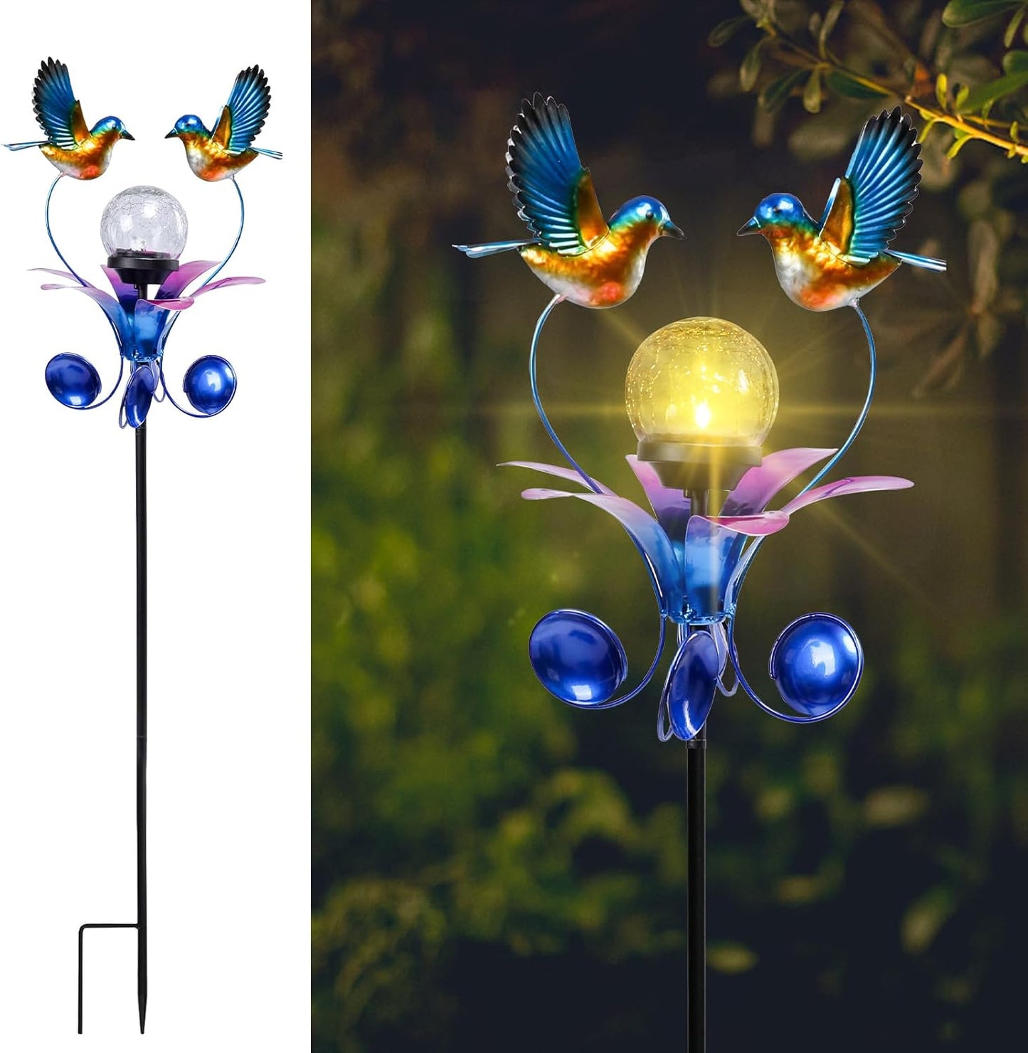 VCUTEKA Solar Lights Outdoor Metal Garden Stake Waterproof Crackle Glass Globe Garden Decor Blue Jay Bird for Pathway, Lawn, Patio, Yard