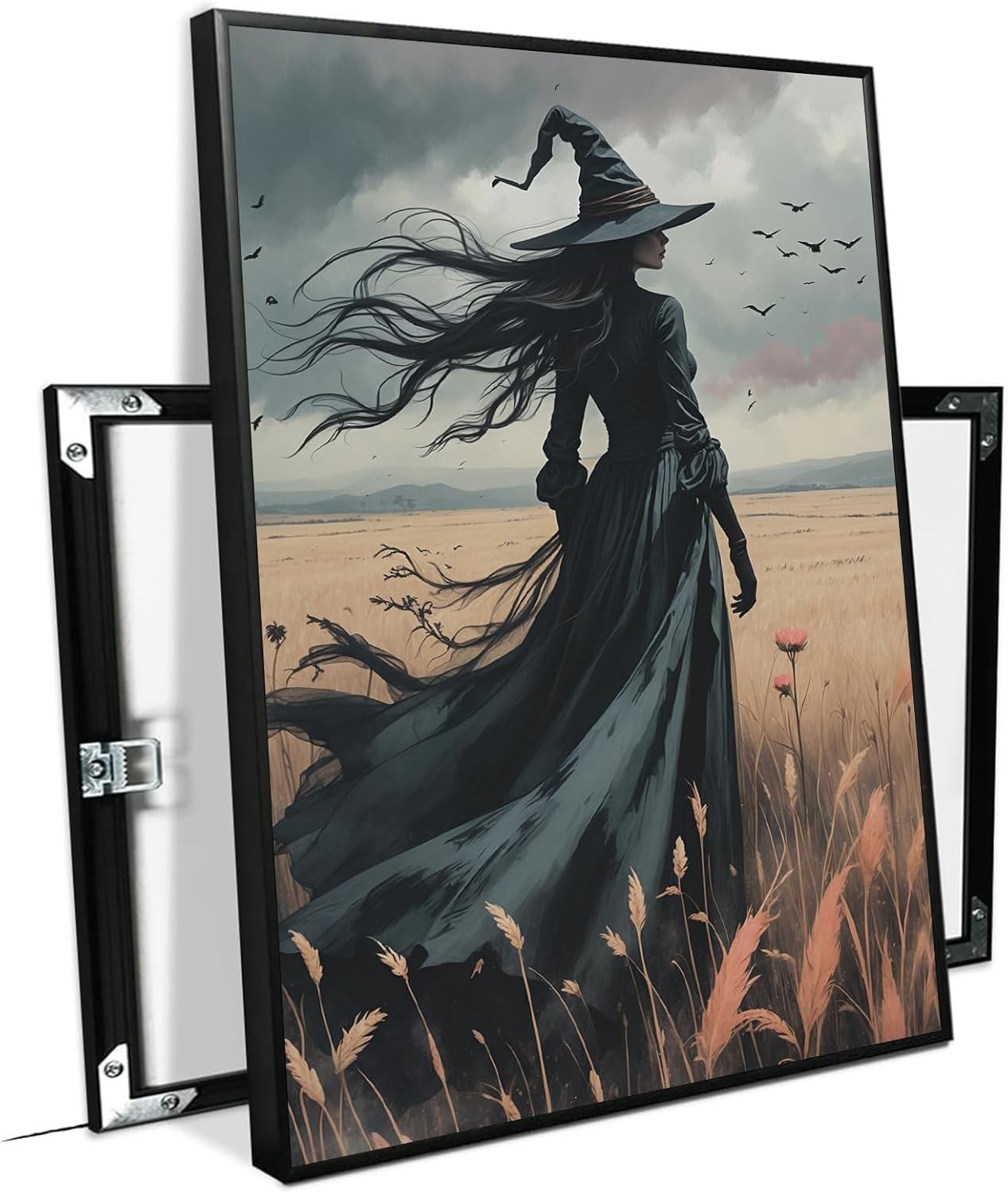 JFHCQJPK Gothic Decor Canvas Wall Art Witch in Rice Field Halloween Art Decor Print Nature Print Victorian Home Bedroom24x36in Metal blackFramed