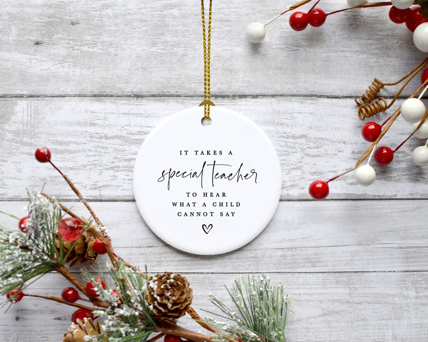 Andaz Press Round Ceramic Porcelain Christmas Tree Ornament For Teacher, It Takes A Special Teacher To What A Child Cannot Say, Heart Graphic 1-Pack Autism Therapist Special Education Teacher Ornament