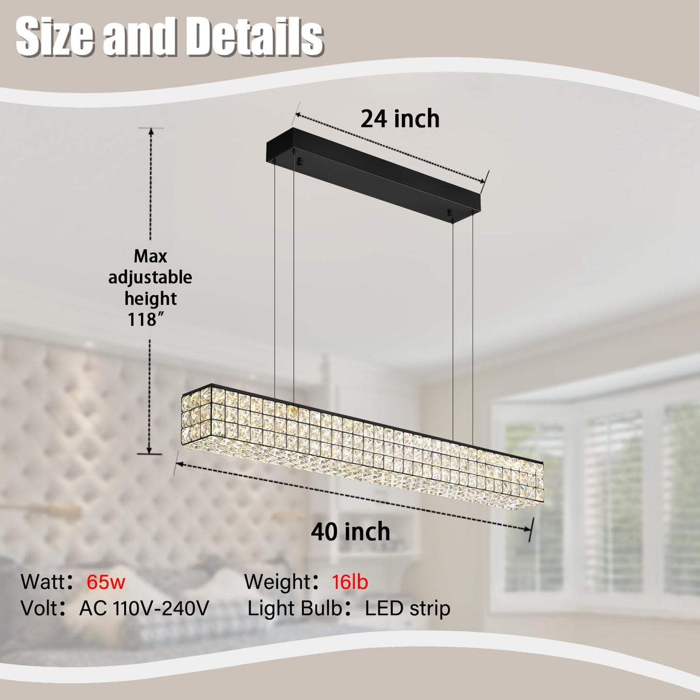 Rectangle Crystal Chandelier Modern Crystal Chandelier Black Rectangular Pendant Lighting Fixture for Dining Room Kitchen Island Bedroom (L 40")