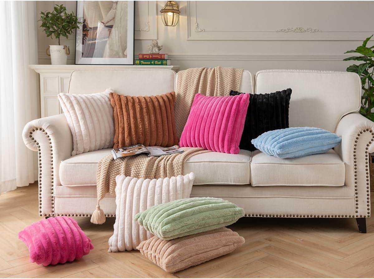 DEELAND Pack of 2,Double-Sided Faux Fur Plush Decorative Throw Pillow Covers Fuzzy Striped Soft Pillowcase Cushion Covers for Sofa Couch Bedroom Beige 22x22 inch