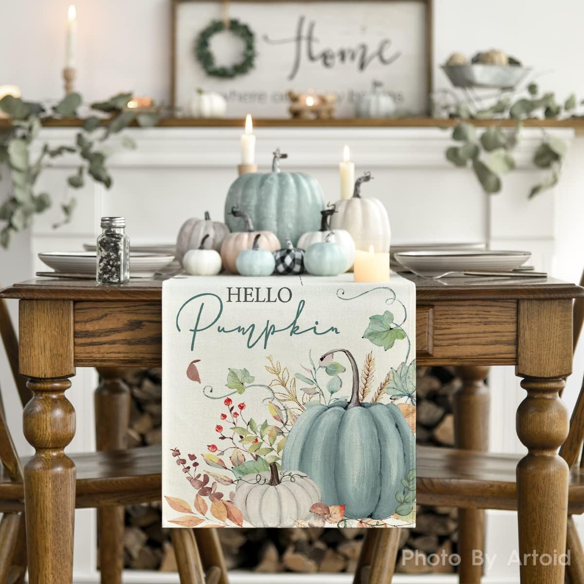Artoid Mode Aqua Hello Pumpkin Leaves Fall Table Runner, Seasonal Autumn Kitchen Dining Table Decoration for Home Party Decor 13x72 Inch