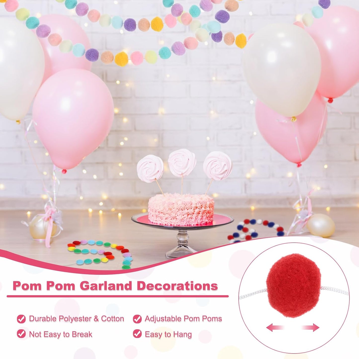 PATIKIL 13Ft Pom Pom Garland Decorations, 2Pcs Colorful Felt Ball Garland Banner Cute Rainbow Pompom Hanging Decorations for Tree Ornaments Homes Decor, Pink/White/Rose Red