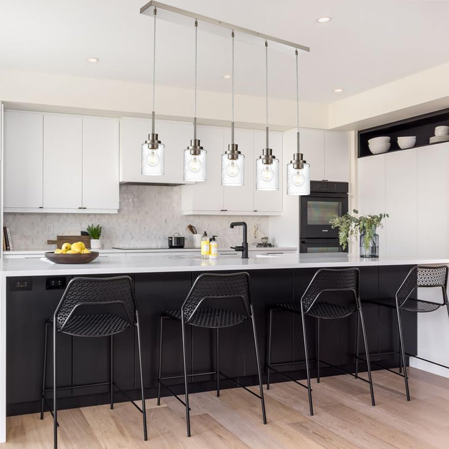 Lighting Contemporary Brushed Nickel Linear Chandelier Pendant Light 5 Lights Clear Seeded Glass Farmhouse Pendant Lighting Modern Dining Room Light Fixture for Living Room Kitchen Island