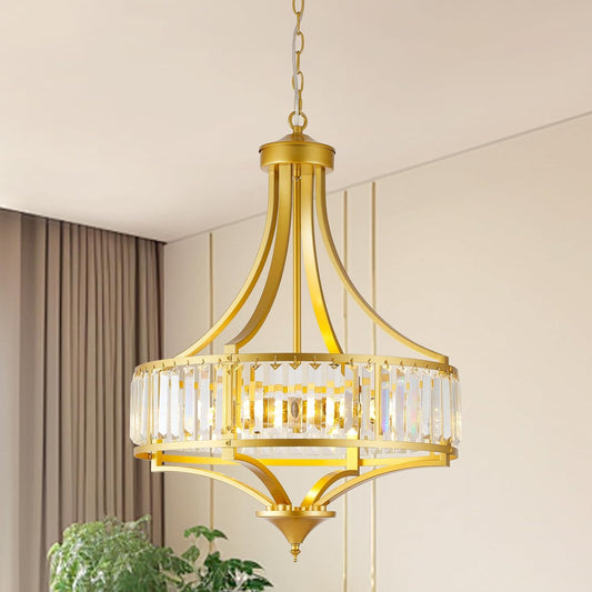 Modern Gold Crystal Chandelier, 20 Inch Large Ceiling Pendant Light Fixture with 50'' Adjustable Hanging Chain, 5-Light Farmhouse Chandelier for Dining Room, Living Room, Bedroom, Entryway