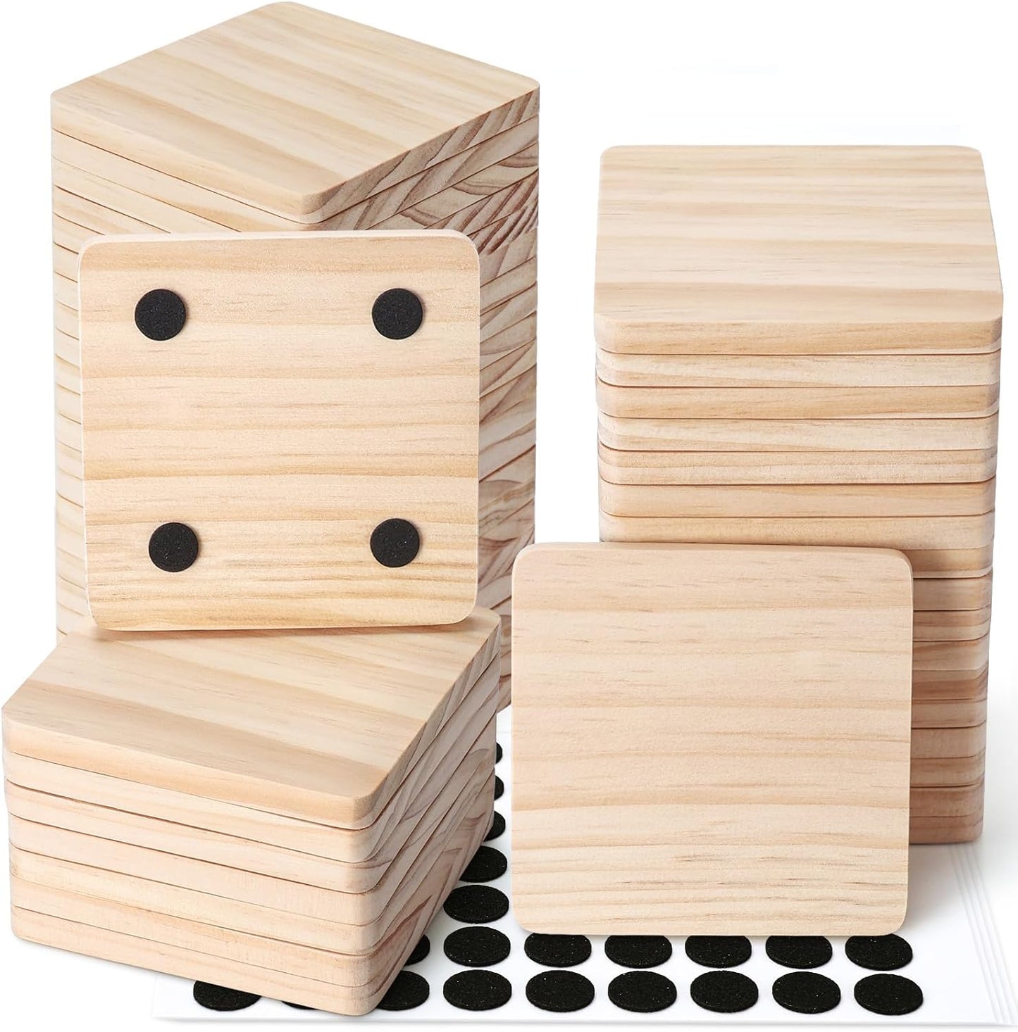 48 Pieces Unfinished Wood Coasters, GOH DODD 4 Inch Wooden Blanks with Non-Slip Pads for Laser Engraving Wood Burning Staining Painting Decoupage Housewarming Gifts Wedding Crafts Education, Square