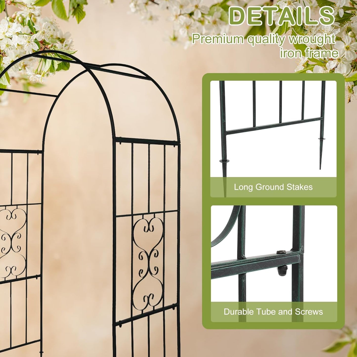 Outvita 7.3FT Garden Arch Arbor, Heavy Duty Metal Arbour Archway, Decorative Frame Stand Trellis with Ground Stakes for Wedding Ceremony Party Plant Climbing Rose Vines Lawn Patio Black