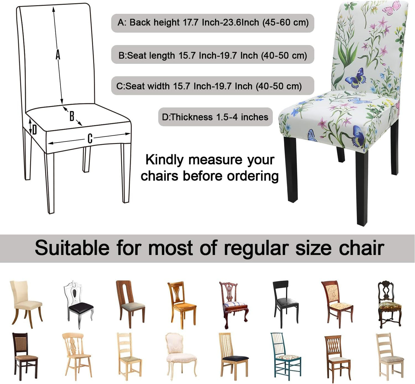 JQinHome Pattern Chair Covers for Dining Room Set of 6, High Stretch Removable Washable Parsons Chair Slipcover for Home Party Hotel Wedding Ceremony (Flowering Butterflies,6PCS)