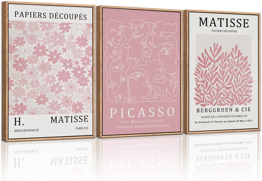 HLNIUC Matisse Pink Wall Art,Neutral Pink Flower Framed Canvas Wall Decor Set of 3(16”x24’) Modern Aesthetic Pictures Wall Painting,Abstract Flower Market Art Print for Living Room,Bedroom