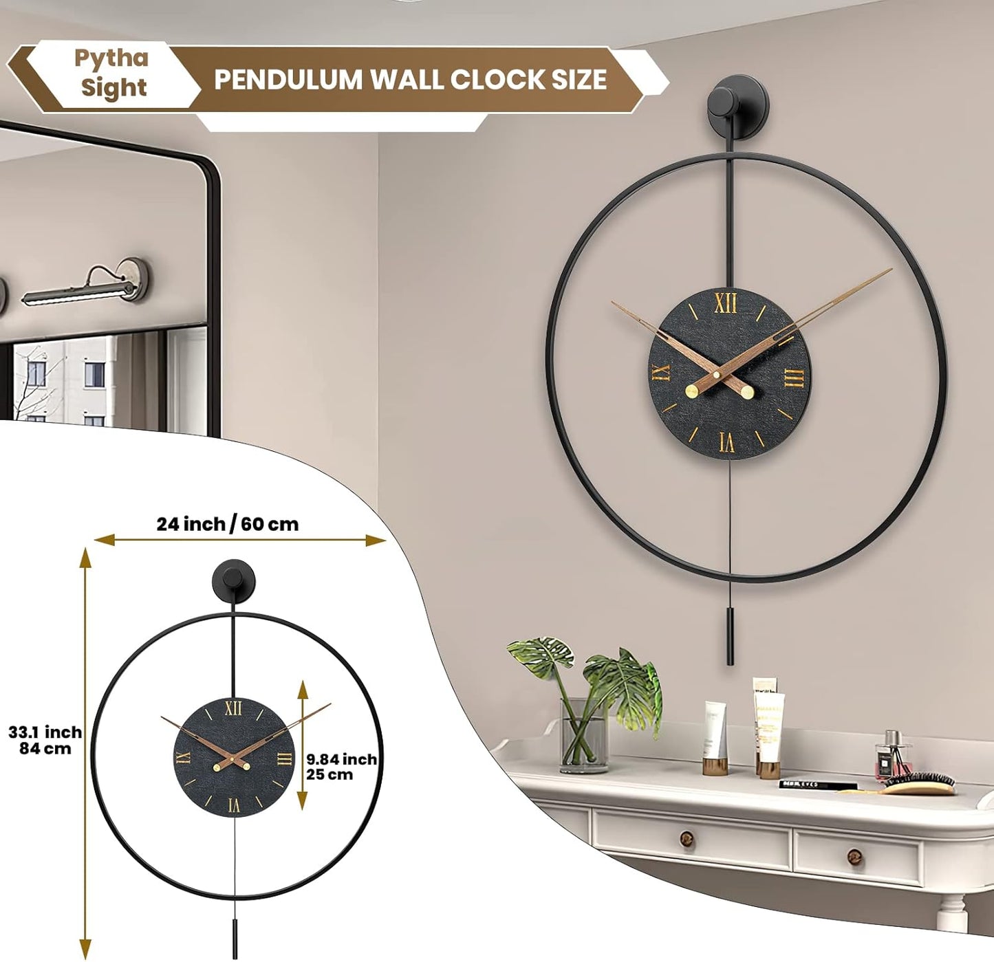 Large Modern Wall Clock,Wall Clocks for Living Room Decor,Classical Silent Metal Minimalist Walnut Dial,Big Decorative Farmhouse Pendulum Wall Clock With Walnut Pointers for Office,Dining Room