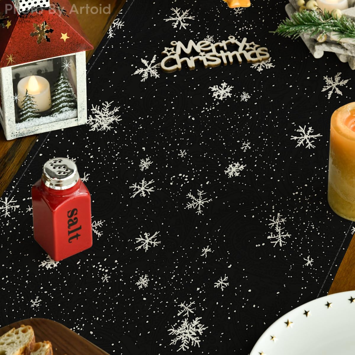 Artoid Mode Snowman Birds Trees Christmas Table Runner, Seasonal Black Winter Holiday Kitchen Dining Table Decoration for Home Party Decor 13 x 108 Inch