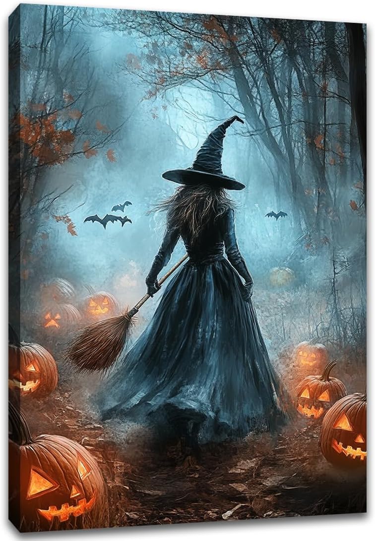 Vintage Moody Halloween Witch Artwork Wall Decor,Spooky Halloween Gothic Canvas Artwork Creepy Horror Witch with A Broom Pumpkin Bats Rustic Forest Picture,Dark Academia Poster,24"x36" Framed