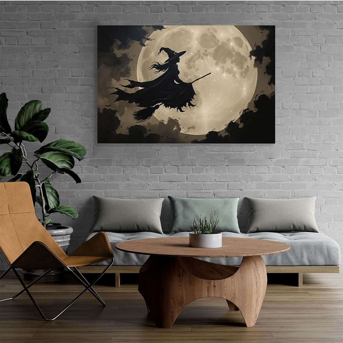 JFHCQJPK Full moon witch silhouette poster witch on magic broom Halloween mural poster decorative mural art suitable for home living room bedroom16x24in Frameless