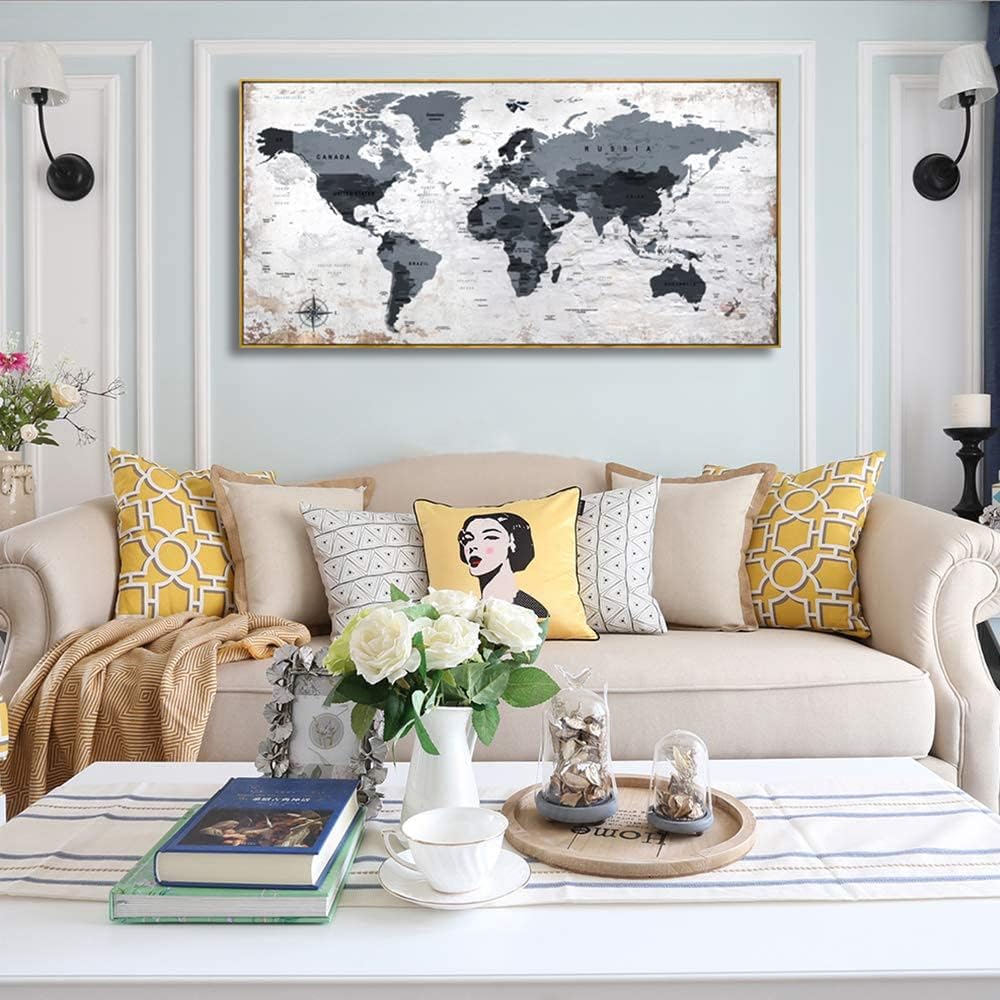 Framed wall art World Map Wall Art Canvas Picture 30inchx60inch Large Black and white Map of The World Canvas Painting Artwork Prints for Office Wall Decor Home Living Room Decorations Framed Ready to Hang