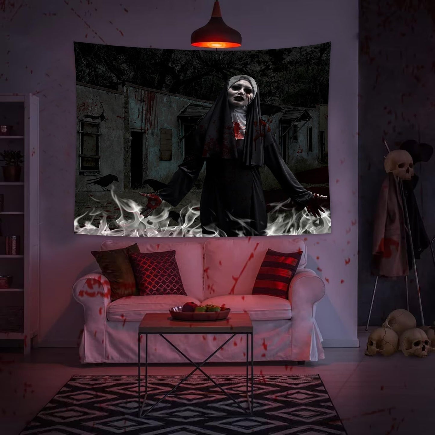 QGHOT Halloween Tapestry, Gothic Horror Movie Tapestry Wall Hanging Spooky Halloween Backdrop Creepy Scary Nun Haunted House Wall Decor for Bloody Party Decorations (90.6"x70.9")