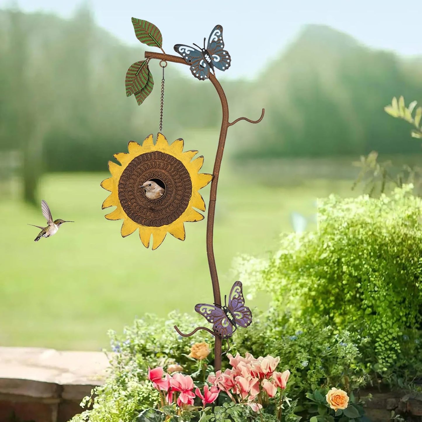 BAYN 57” Bird Houses Stake for Outside, Metal Wild Bird Feeder Birdhouse Stake Pole with Sunflower Design Outdoor Decorations for Patio, Backyard, Garden