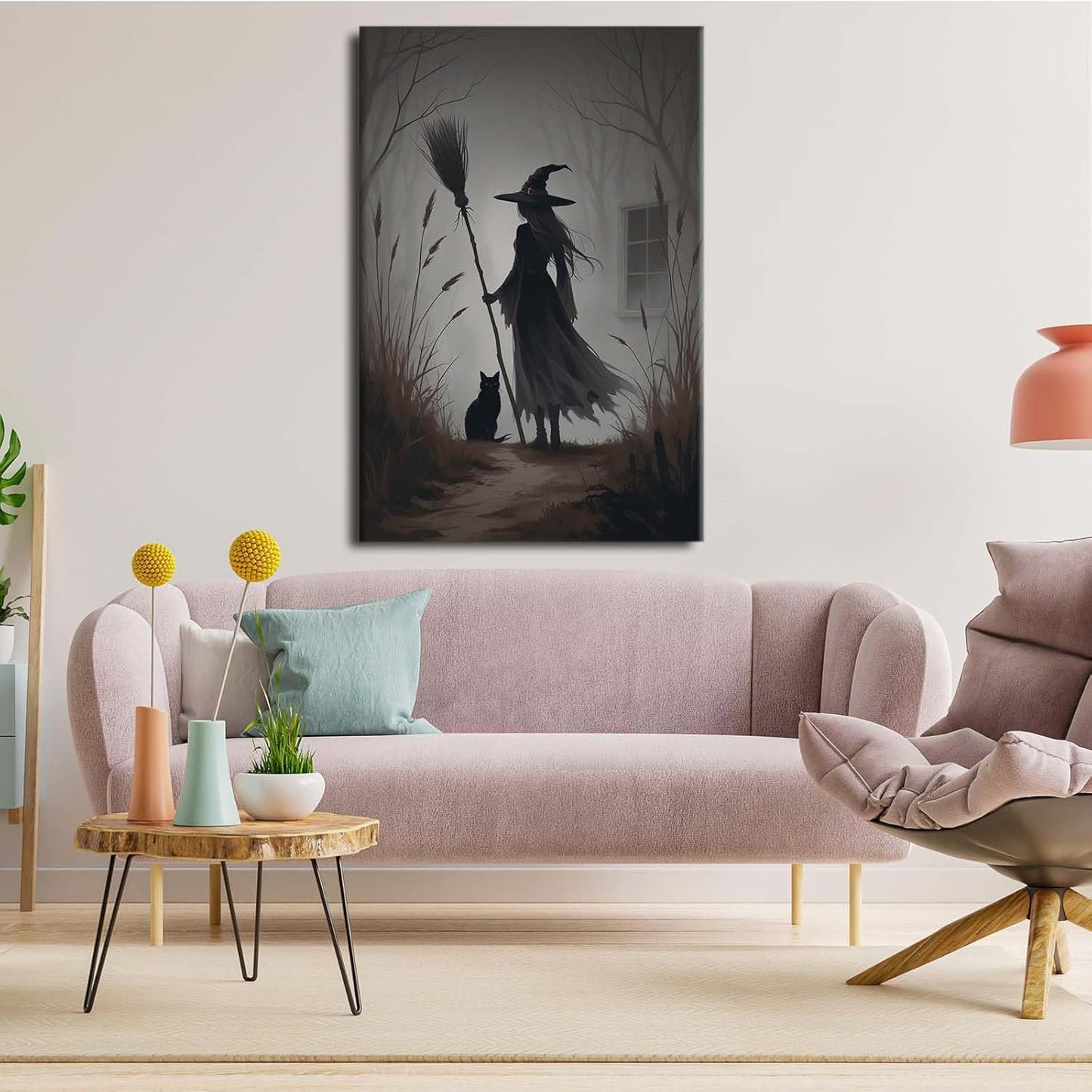 JFHCQJPK Vintage forest witch and black cat poster Halloween mural poster decoration mural art magic suitable for home living room bedroom12x16in Frameless