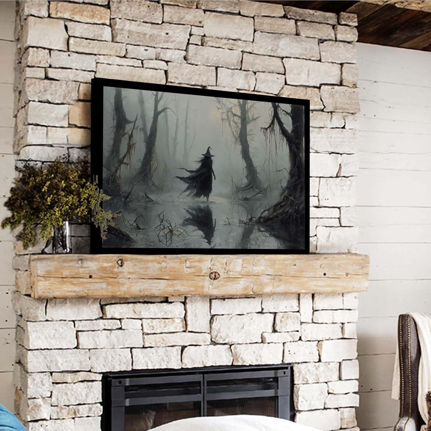 JFHCQJPK Vintage rustic swamp witch poster dark moody wall art gothic horror season halloween print for home decor retro dark moody painting16x24in Metal blackFramed