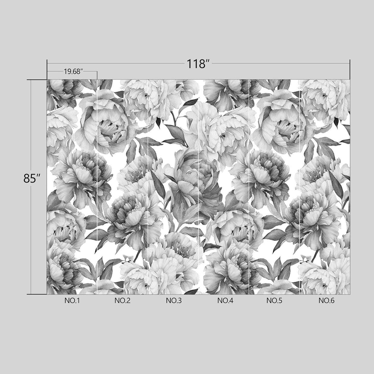 Grey Peony Floral Wallpaper Peel and Stick Wall Mural for Bedroom Living Room - 85"x118"