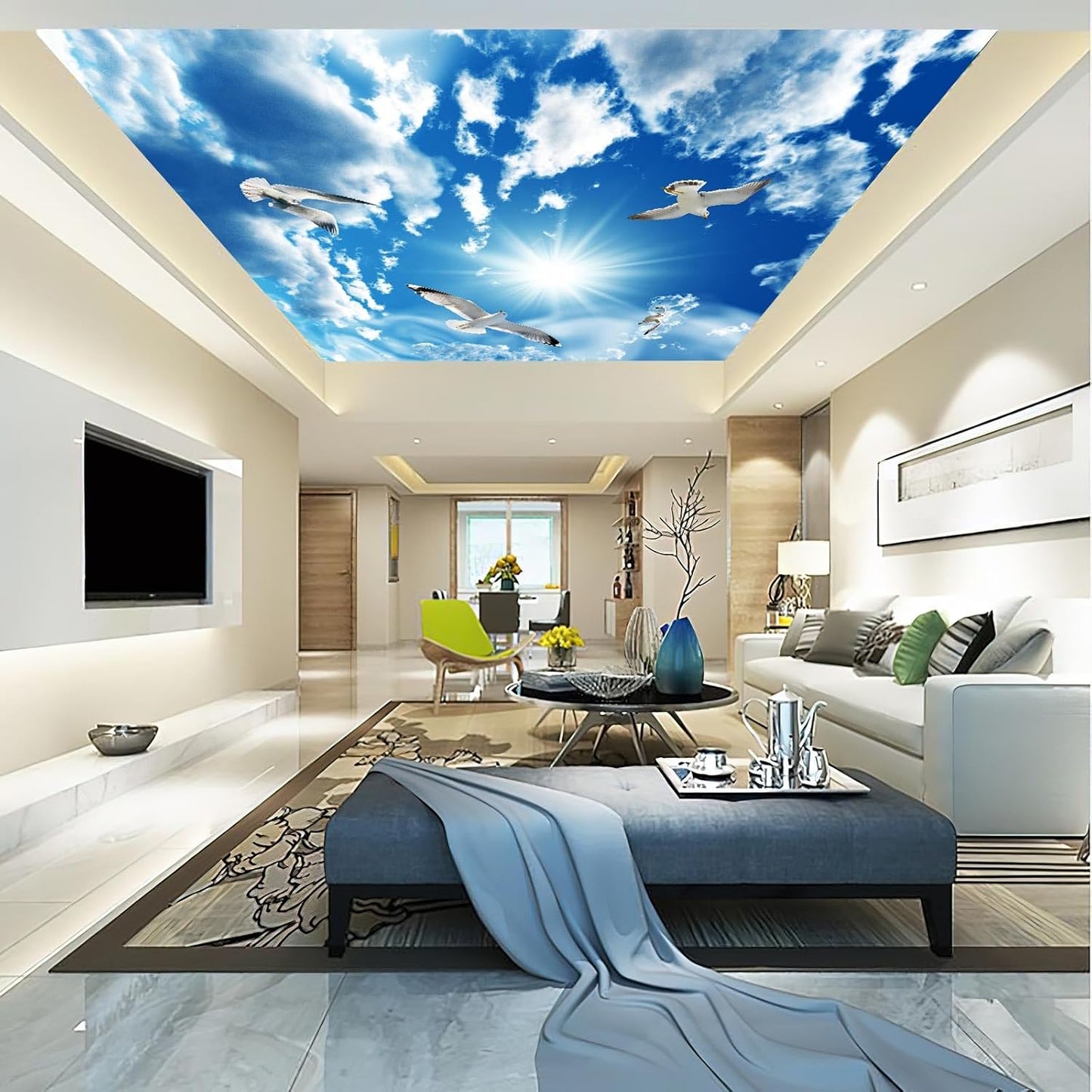 Blue Sky, White Clouds, Sunshine Seagull Ceiling Wall Mural Wallpaper 178" x 117"